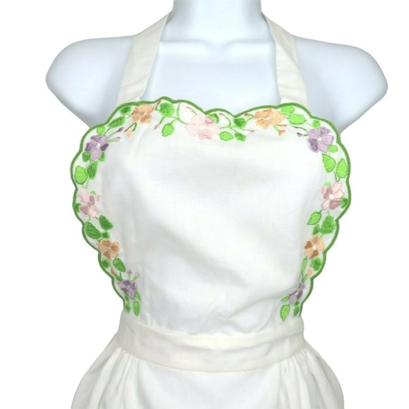 Vintage Kitchen Vintage Bib Apron Floral Embroidery White Pocket